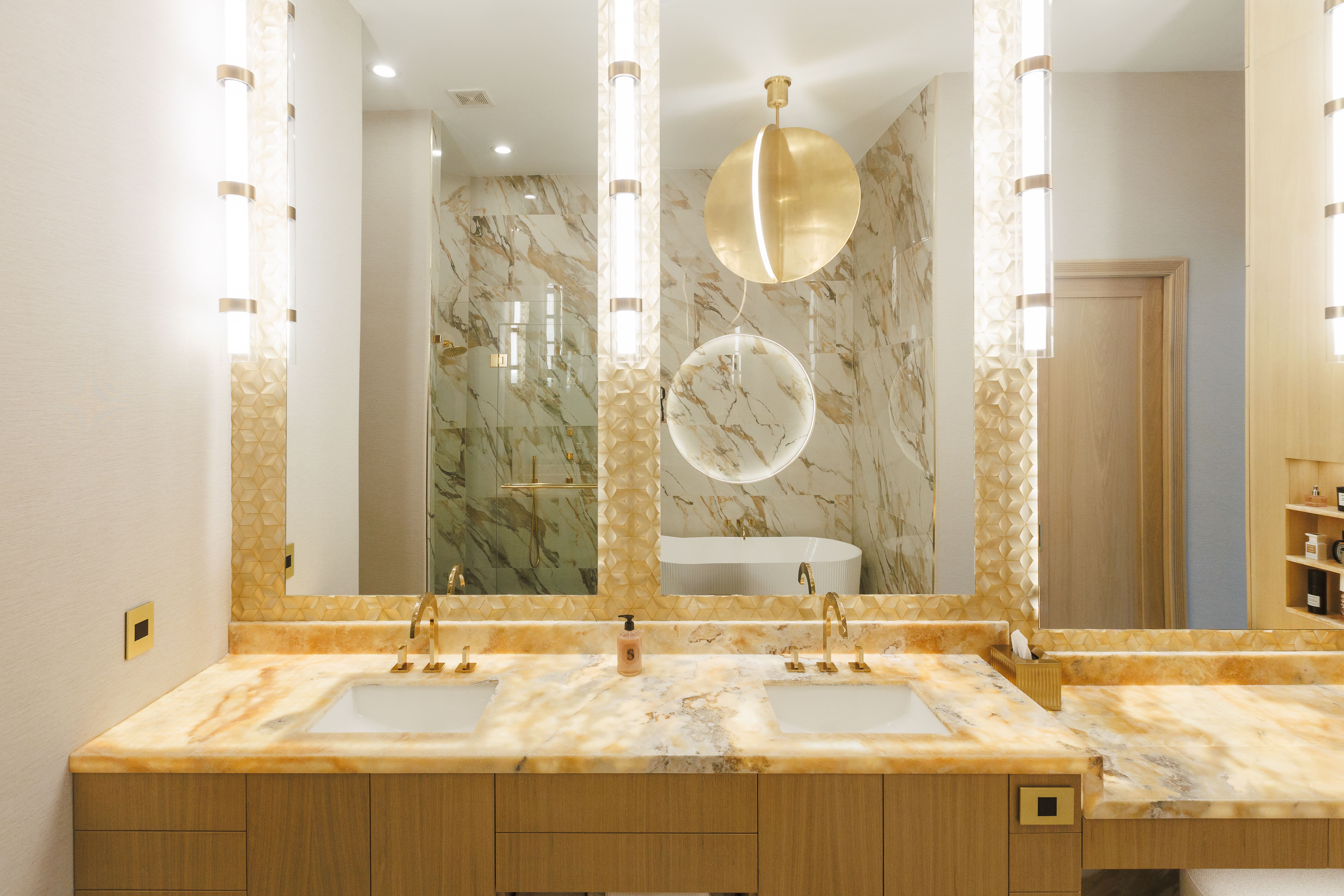 Master bathroom with gold tile and pendant mirrors — Matt Baker Contracting
